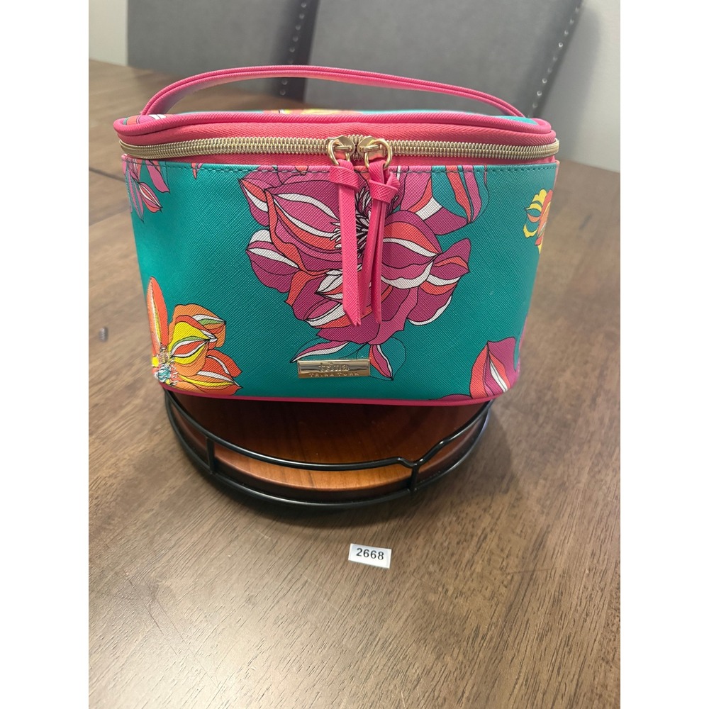 Trina Turk Teal Pink Floral Makeup Bag Vanity Case with Top Handle Gold Zipper - Picture 3 of 7